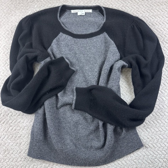 Veronica Beard Albertina Cashmere Women's Sweater Black Grey Puff Shoulder Sz L - Picture 13 of 14